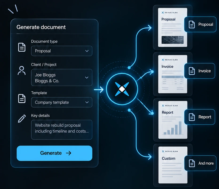 A document generator: choose the type, client and template, add key details, and out come a proposal, invoice, report or custom document on the company template.